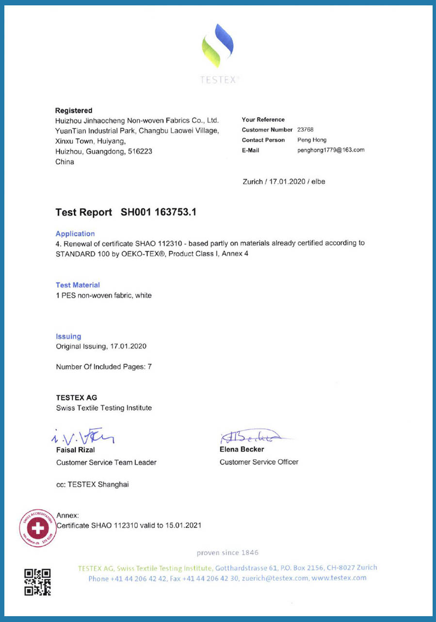 OEKO-TEX 100 Certificate